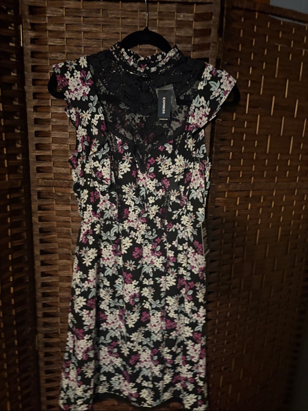 Express Black Floral Lace-Detail Mini Dress